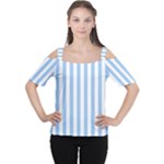 Vertical Stripes - White and Baby Blue Women s Cutout Shoulder Tee