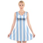 Vertical Stripes - White and Baby Blue V-Neck Sleeveless Dress