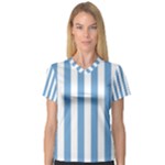 Vertical Stripes - White and Iceberg Blue Women s V-Neck Sport Mesh Tee