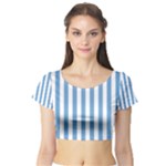 Vertical Stripes - White and Iceberg Blue Short Sleeve Crop Top (Tight Fit)