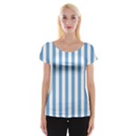 Vertical Stripes - White and Iceberg Blue Women s Cap Sleeve Top