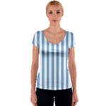 Vertical Stripes - White and Iceberg Blue Women s V-Neck Cap Sleeve Top