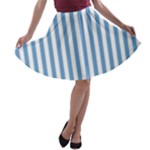 Vertical Stripes - White and Iceberg Blue A-line Skater Skirt