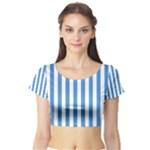 Vertical Stripes - White and Steel Blue Short Sleeve Crop Top (Tight Fit)