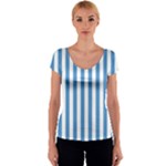 Vertical Stripes - White and Steel Blue Women s V-Neck Cap Sleeve Top