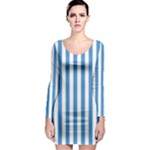 Vertical Stripes - White and Steel Blue Long Sleeve Bodycon Dress