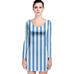 Vertical Stripes - White and Steel Blue Long Sleeve Velvet Bodycon Dress