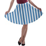 Vertical Stripes - White and Steel Blue A-line Skater Skirt