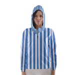 Vertical Stripes - White and Steel Blue Hooded Wind Breaker (Women)