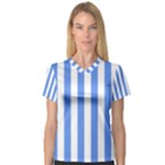 Vertical Stripes - White and Cornflower Blue Women s V-Neck Sport Mesh Tee