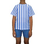 Vertical Stripes - White and Cornflower Blue Kid s Short Sleeve Swimwear