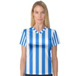 Vertical Stripes - White and Dodger Blue Women s V-Neck Sport Mesh Tee