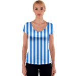 Vertical Stripes - White and Dodger Blue Women s V-Neck Cap Sleeve Top