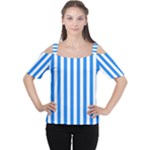 Vertical Stripes - White and Dodger Blue Women s Cutout Shoulder Tee