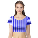 Vertical Stripes - White and Blue Short Sleeve Crop Top (Tight Fit)