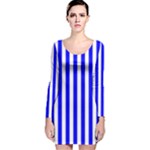 Vertical Stripes - White and Blue Long Sleeve Velvet Bodycon Dress