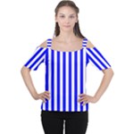 Vertical Stripes - White and Blue Women s Cutout Shoulder Tee