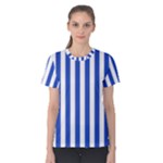 Vertical Stripes - White and Cerulean Blue Women s Cotton Tee