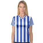 Vertical Stripes - White and Cerulean Blue Women s V-Neck Sport Mesh Tee