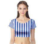 Vertical Stripes - White and Cerulean Blue Short Sleeve Crop Top (Tight Fit)