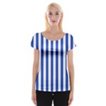 Vertical Stripes - White and Cerulean Blue Women s Cap Sleeve Top