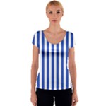 Vertical Stripes - White and Cerulean Blue Women s V-Neck Cap Sleeve Top