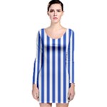 Vertical Stripes - White and Cerulean Blue Long Sleeve Velvet Bodycon Dress