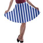 Vertical Stripes - White and Cerulean Blue A-line Skater Skirt