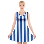 Vertical Stripes - White and Cobalt Blue V-Neck Sleeveless Dress