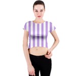 Vertical Stripes - White and Bright Lavender Violet Crew Neck Crop Top