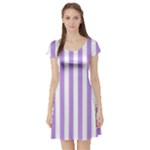 Vertical Stripes - White and Bright Lavender Violet Short Sleeve Skater Dress