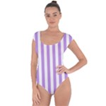 Vertical Stripes - White and Bright Lavender Violet Short Sleeve Leotard (Ladies)