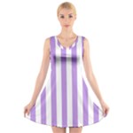 Vertical Stripes - White and Bright Lavender Violet V-Neck Sleeveless Dress