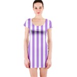 Vertical Stripes - White and Lavender Violet Short Sleeve Bodycon Dress