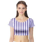 Vertical Stripes - White and Ube Violet Short Sleeve Crop Top (Tight Fit)