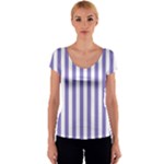 Vertical Stripes - White and Ube Violet Women s V-Neck Cap Sleeve Top