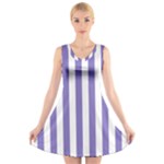 Vertical Stripes - White and Ube Violet V-Neck Sleeveless Dress