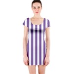 Vertical Stripes - White and Dark Lavender Violet Short Sleeve Bodycon Dress