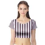 Vertical Stripes - White and Eggplant Violet Short Sleeve Crop Top (Tight Fit)