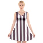 Vertical Stripes - White and Eggplant Violet V-Neck Sleeveless Dress