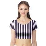 Vertical Stripes - White and Dark Purple Short Sleeve Crop Top (Tight Fit)