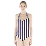 Vertical Stripes - White and Dark Purple Women s Halter One Piece Swimsuit