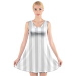 Vertical Stripes - White and Gainsboro Gray V-Neck Sleeveless Dress