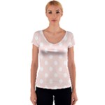 Polka Dots - White on Misty Rose Pink Women s V-Neck Cap Sleeve Top