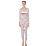 Polka Dots - White on Misty Rose Pink Long Sleeve Catsuit