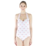 Polka Dots - Misty Rose Pink on White Women s Halter One Piece Swimsuit