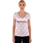 Polka Dots - White on Piggy Pink Women s V-Neck Cap Sleeve Top