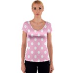 Polka Dots - White on Cotton Candy Pink Women s V-Neck Cap Sleeve Top