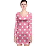 Polka Dots - White on Flamingo Pink Long Sleeve Bodycon Dress