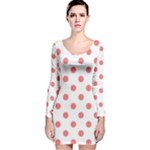 Polka Dots - Coral Pink on White Long Sleeve Velvet Bodycon Dress